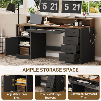 RALGEND 55" Office Desk with Drawers, Farmhouse Executive Desk with Drawers - color: Black, Walnut
