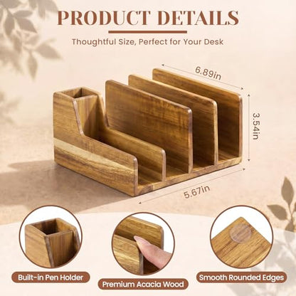 Novabright Acacia Wood Mail Organizer with Pen Holder, 5 Slot Desk File Organizer, Wooden Letter Sorter for Desk, Compact Desktop Document Holder for Home Office Storage Back to School