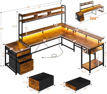 EnHomee 104" L Shaped Desk, 4 Layout Convertible RGB Lights & Monitor Stand - color: Rustic Brown