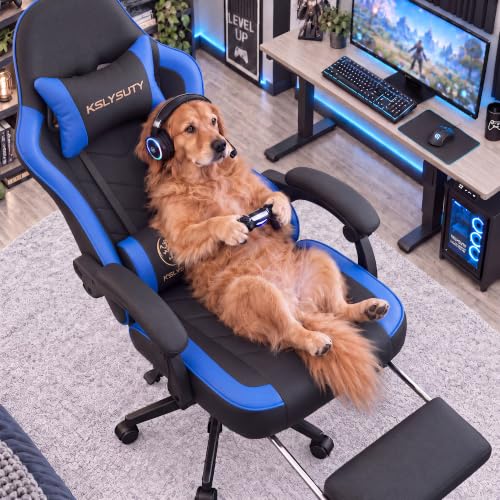 Desk Computer Gaming Chair - High Back Ergonomic Office Chair with Footrest and Lumbar Support, Swivel Comfy Home Gamer Video Game Chairs with Pocket Spring Cushion for Adults (Blue Leather) - color: Classic Blue Leather