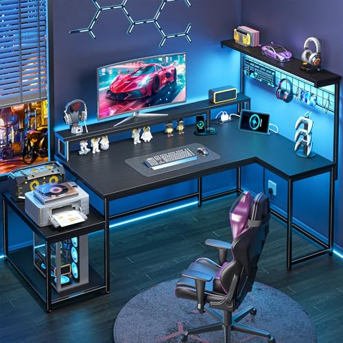 DurayLoly 63"L Shaped Gaming Desk with LED Lights,Power Outlets for Bedroom | Built-in LED Light and Integrated Power Outlets; Deliver Gaming Lighting and Easy Device Charging for Bedroom Daily Use,Black - color: Black, size: 63.5inch
