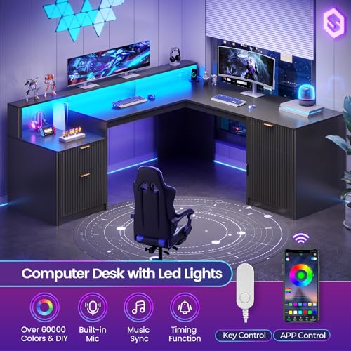 SEDETA 66" Modern L Shaped Desk with Drawers, Fluted Home Office Desk with File Cabinet & Printer Shelf, Wood Executive Desk with Monitor Stand, Power Outlets, Led Lights, Black - color: Black, size: L Shaped Desk