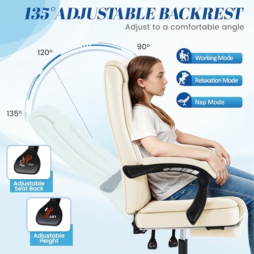 Furmax Office Chair with Footrest Ergonomic High Back Design Executive Computer Desk Chair400lbs, 90-135° Reclining Leather Home Office Desk Chairs Swivel Task Chairs with Wheels (Beige) - color: Beige