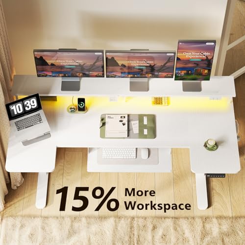 63 Inch U Shaped Electric Standing Desk with Keyboard Tray, White | Power Outlet, Monitor Stand, LED Light, 3 Presets, 28.3"-46.5"in Range, 154 lb Capacity - color: White, size: 63 Inch