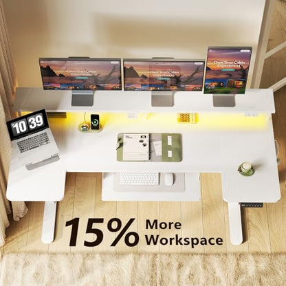 63 Inch U Shaped Electric Standing Desk with Keyboard Tray, White | Power Outlet, Monitor Stand, LED Light, 3 Presets, 28.3"-46.5"in Range, 154 lb Capacity - color: White, size: 63 Inch
