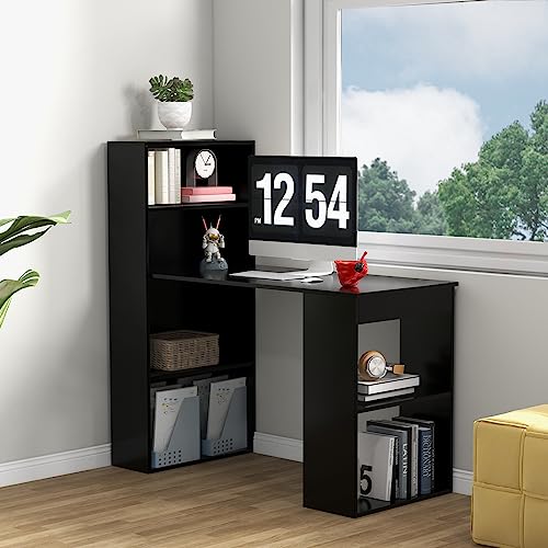 GIANTEX 48 Inch Computer Desk with Bookshelf, 3-in-1 Home Office Desk with 4-Tier Bookcase & CPU Stand, Space-Saving Reversible Writing Desk Work Table for Bedroom, Study Room, Office (Black) - color: Black