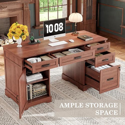 Alohappy 55'' Farmhouse Executive Desk, Home Office Desk with Drawers, Wood Computert Desk with File Cabinet and Power Outlets, Cherry Brown - color: Cherry Brown, size: 55''