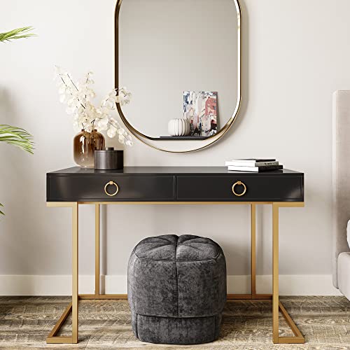 BELLEZE Modern 45 Inch Makeup Vanity Dressing Table or Home Office Computer Laptop Writing Desk with Two Storage Drawers, Wood Top, and Gold Metal Frame - Chelsea (Black) - color: Black, size: 45" L Shape