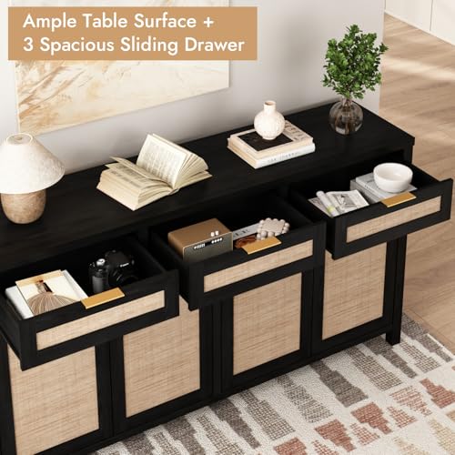 HOKYHOKY 63" Rattan Sideboard Buffet Cabinet, Boho Storage Cabinet - color: Rustic Black, size: 63-Inch