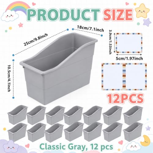 12 Pack Large Book Bins, Durable Magazine Organizer File Holder Quality Plastic Book Storage Bins with Labels for Classroom Library, Office, Desktop Organization, Bookshelf Categorization (Grey) - color: Grey
