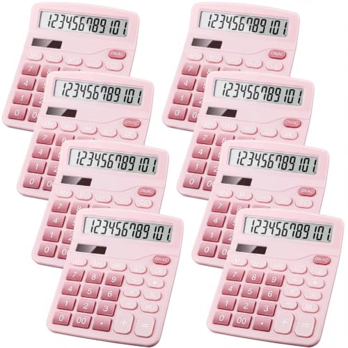8 Pack Calculator Bulk, 12 Digits Calculators Desktop Solar and Battery Dual Power Large LCD Display and Sensitive Button Handheld for Office, School (Pink) - color: Pink