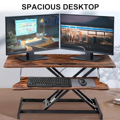 38-inch Standing Desk Converter Height Adjustable Sit to Stand Up Workstation, Duals Monitor and Laptop Riser with Wide Keyboard Tray, for Home, School, Company, Brown - color: Brown