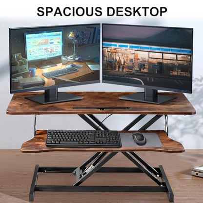 38-inch Standing Desk Converter Height Adjustable Sit to Stand Up Workstation, Duals Monitor and Laptop Riser with Wide Keyboard Tray, for Home, School, Company, Brown - color: Brown