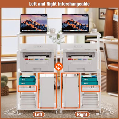 VEDECASA Mobile High Printer Stand with Power Outlet Charging Plugs USB Port Office Storage Shelf Includes Computer Tower CPU Stand Holder with Wheel (White)