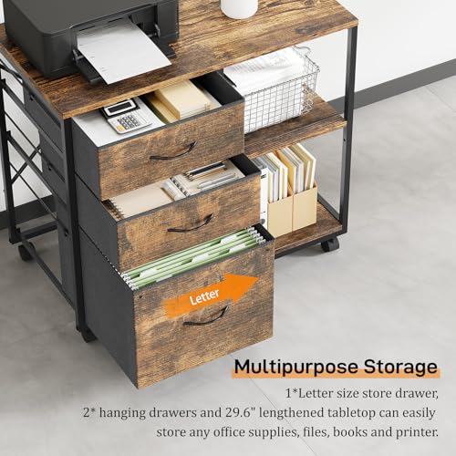 VINGLI 3 Drawer File Cabinet with Wheels Under Desk Printer Stand, Rolling File Cabinet with Shelves Adjustable, Mobile Lateral Filing Cabinet for Home Office, Fits Letter Size, Rustic Brown - color: Rustic Brown, size: Lateral 3 Drawers