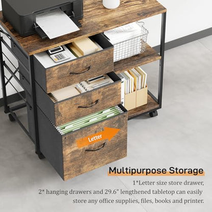 VINGLI 3 Drawer File Cabinet with Wheels Under Desk Printer Stand, Rolling File Cabinet with Shelves Adjustable, Mobile Lateral Filing Cabinet for Home Office, Fits Letter Size, Rustic Brown - color: Rustic Brown, size: Lateral 3 Drawers
