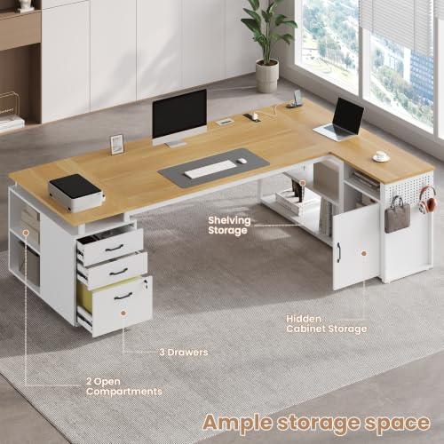 78" Executive Desk with Lockable File Cabinet, L Shaped Office Desk with Power Outlets, Large Executive Desk with Drawers and Storage Shelves , Reversible Computer Desk with Privacy Screen (White) - color: White