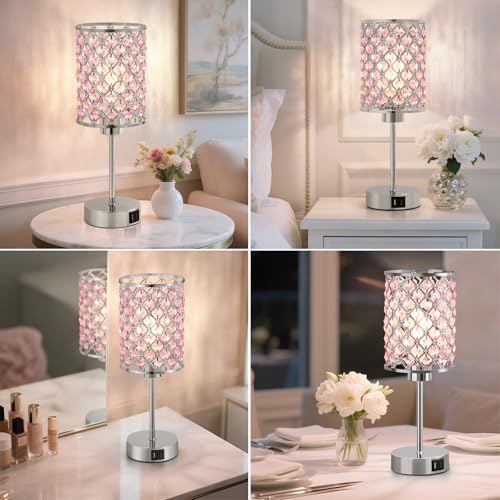 GyroVu Pink Crystal Bedside Table Lamps Set of 2 with USB C+A Ports - color: Pink-2, size: 14.75"