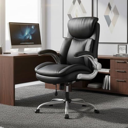MALOL Office Chair Big and Tall- High Back Executive Office Chair- Ergonomic Home Computer Desk Chair with Padded Flip-up Arms, Adjustable Lumbar Support, Wide & Thick Seat for Adult-Black - color: Black