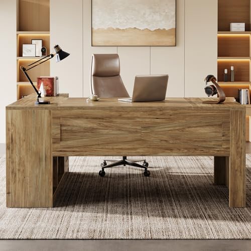 Tribesigns 71 Inch Executive Desk with Storage Cabinet, Large Office Desk L Shaped Computer Desk with Storage Shelves, Business Furniture Desk Workstation for Home Office, Rustic Brown