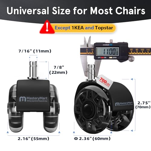 Office Chair Wheels Replacement, 2.5 Inch Heavy Duty Caster Set, for Carpet and Hardwood Floors, Universal Size 11x22mm, Fits 99%, Black - style: 2.5 inch-Black