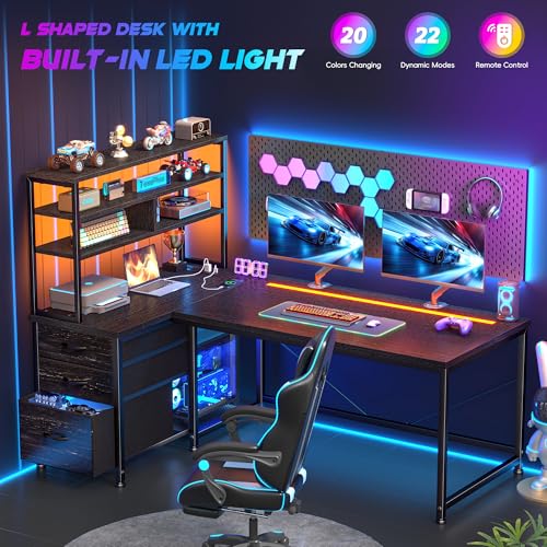 DurayLoly 55" L Shaped Gaming Desk with 3 Fabric Drawers & Shelves - color: Black, size: 18.9"D x 55.1"W x 59"H
