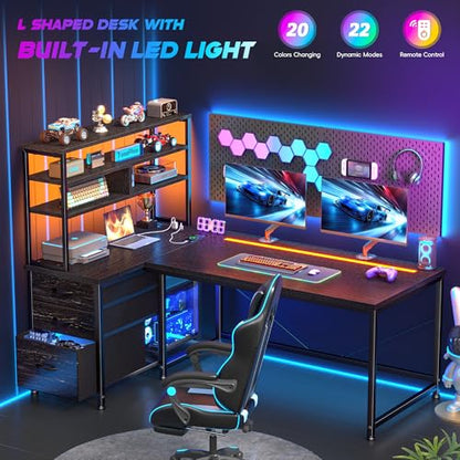 DurayLoly 55" L Shaped Gaming Desk with 3 Fabric Drawers & Shelves - color: Black, size: 18.9"D x 55.1"W x 59"H