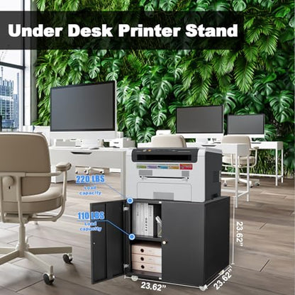 Metal Fridge Printer Stand Cabinet with Storage and Wheels, Black - color: Black - 24''wx24''dx24''h