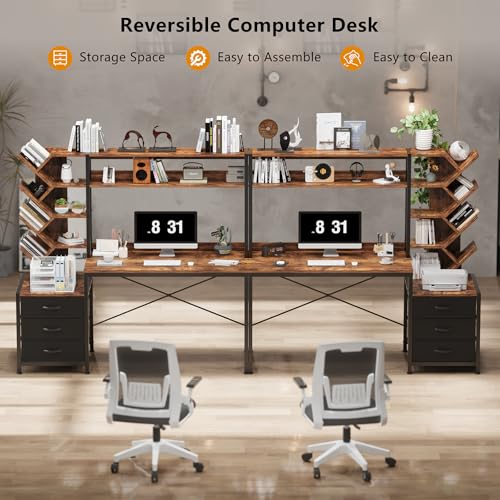 YOMILUVE 52" Computer Desk with Bookshelf, 3 Drawers ＆ Hutch for Bedroom | Office Desk with Printer Shelf, Study Writing Desk with Storage Shelves, Rustic Brown - color: Rustic Brown