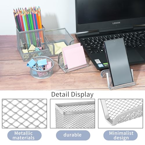 6 Pack Mesh Metal Desk Organizer Stationery Storage Set Silver - color: Silver