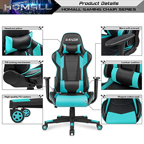 Homall Gaming Chair, Office Chair High Back Computer Chair Leather Desk Chair Racing Executive Ergonomic Adjustable Swivel Task Chair with Headrest and Lumbar Support(Cyan) - color: Cyan