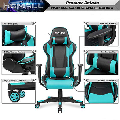 Homall Gaming Chair, Office Chair High Back Computer Chair Leather Desk Chair Racing Executive Ergonomic Adjustable Swivel Task Chair with Headrest and Lumbar Support(Cyan) - color: Cyan