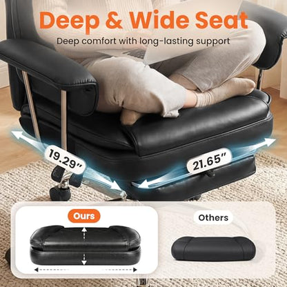 NEO CHAIR Big & Tall Leather Office Chair, High Back, Lumbar Support, Black | Gaming Chair for Adults and Computer Use, Reclining Office Chair with Foot Rest, Comfy Design and Heavy Duty Support - color: Black