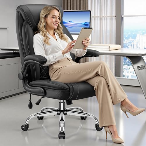 BestGlory Executive Office Chair with Lumbar Support, Big and Tall Ergonomic Computer Desk Chair, Leather Comfy High Back Gaming Chair with Flip Up Arms & Rocking Function for Home Office, Black - color: Black, size: 1 Pack