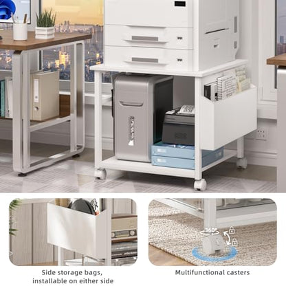 Lerliuo White Large Printer Stand with Storage | 23.6" W x 23.6" D x 22.8" H Printer Table for Home Office, Rolling Printer Cart Holder with Lockable Wheels & Side Pocket - color: White