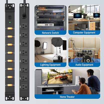 HHSOET 8 Outlet PDU Power Strip, 1U Rack Surge Protection, 6FT, Black, 1 | Metal Mountable Outlet with Independent Switch, for Network Server Audio Equipment Racks, 1200J - size: 6ft