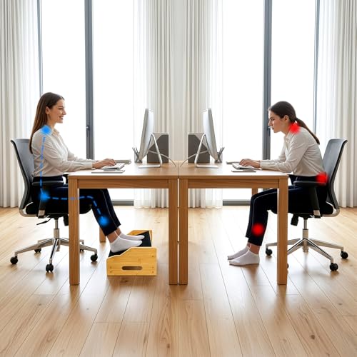 Hiceeden Bamboo Foot Rest Under Desk, Ergonomic Footrest with 4 Adjustable Heights, Non-Slip Foot Stool with Massage Surface for Office & Home Work, Improves Posture & Leg Circulation