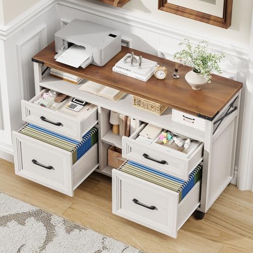 Halitaa Farmhouse Filing Cabinet with Adjustable Shelf & Wheels, Off White - color: Off White, size: 4 Drawers&Wheels