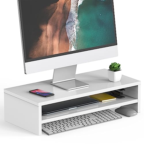 FITUEYES Wooden Monitor Stand Riser, 2-Tier Desk Storage Shelf, White | 21.3-Inch Desktop Organizer Fits Laptop, Computer Screen and Office Supplies - color: White, size: 21.3“