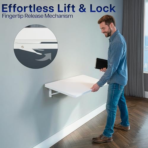 VIVO Wall Mounted Folding 43 inch Workbench, Fold Away Table Workstation Shelf with Adjustable Steel Brackets, White, MOUNT-SF1FW - color: White