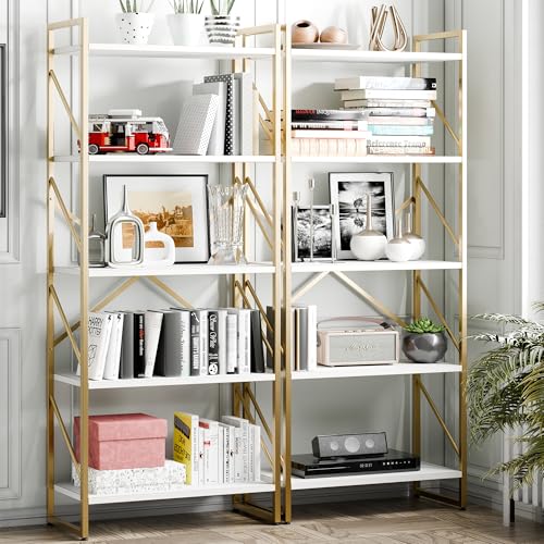 Vongrasig 5 Tier Metal Bookshelf, Narrow Industrial Bookcase, White+Gold - color: White Gold