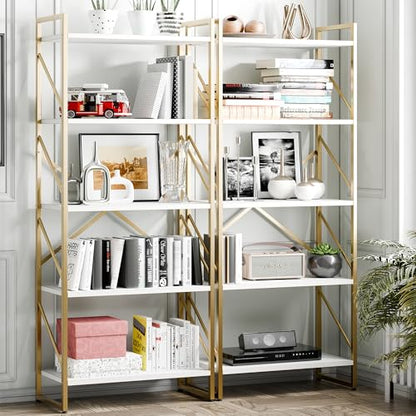Vongrasig 5 Tier Metal Bookshelf, Narrow Industrial Bookcase, White+Gold - color: White Gold
