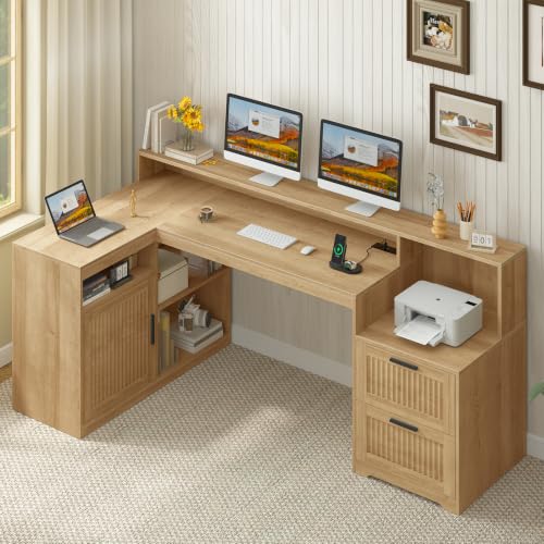 TVU Farmhouse L Shaped Desk with Drawers, 62.2" Home Office Desk with Storage Shelves and Power Outlet, L Shaped Computer Desk with Monitor Stand and Printer Shelf, Oak - color: Oak