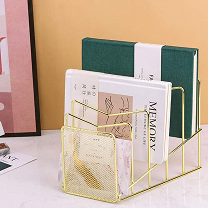 Incline File Sorter, Wire Magazine Holder Rack for Mails, Folders and Books, Desk Paper Storage Organizer for Home and Office, 5 Sections, Gold
