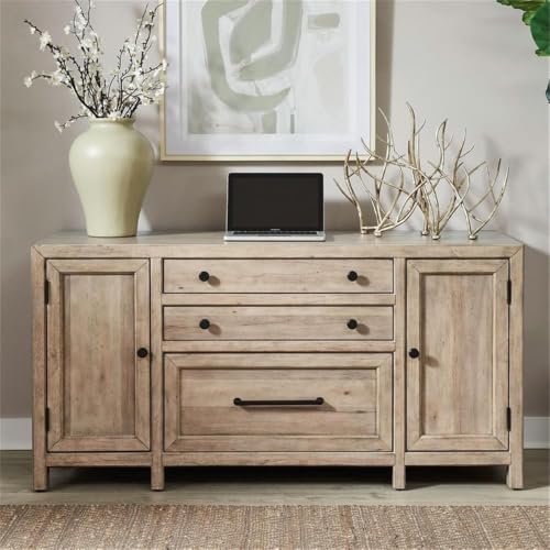 Pemberly Row 2-Piece Writing Desk and Credenza Set, Rubberwood and Birch Veneer, Barley Buff Finish, Transitional Home Office Furniture with Storage Drawer, File Drawer, Adjustable Shelves