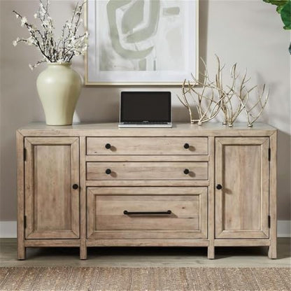 Pemberly Row 2-Piece Writing Desk and Credenza Set, Rubberwood and Birch Veneer, Barley Buff Finish, Transitional Home Office Furniture with Storage Drawer, File Drawer, Adjustable Shelves
