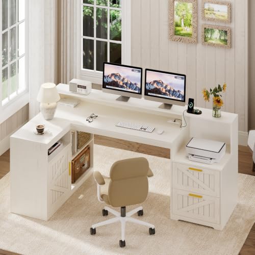 TVU Farmhouse L Shaped Desk with Drawers, 62.2" Home Office Desk with Storage Shelves and Power Outlet, L Shaped Computer Desk with Monitor Stand and Printer Shelf, White - color: White