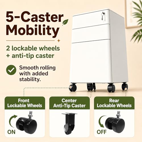 SAWJEC 3 Drawer Mobile File Cabinet Fully Assembled, White | 11.8"W x 17.7"D x 24"H, Rolling Under Desk Metal Filing Cabinet with Lock, for Home Office, Fit Legal/Letter/A4 Size - color: White, size: 24"H x 11.8"W x 18"D