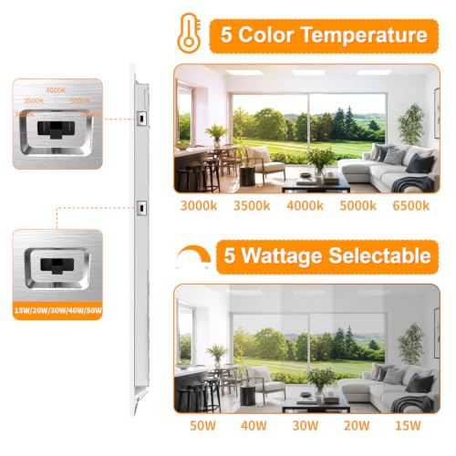 6 Pack 2x2 LED Flat Panel Light Drop Ceiling Office Fixture 5 CCT 3000K-6500K Adjustable & 5 Wattage 15W-20W-30W-40W-50W Selectable, 0-10V Dimmable，Flush Mount Ceiling Light - size: 2x2 6PACKS