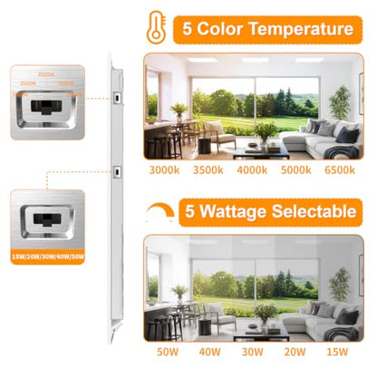 6 Pack 2x2 LED Flat Panel Light Drop Ceiling Office Fixture 5 CCT 3000K-6500K Adjustable & 5 Wattage 15W-20W-30W-40W-50W Selectable, 0-10V Dimmable，Flush Mount Ceiling Light - size: 2x2 6PACKS